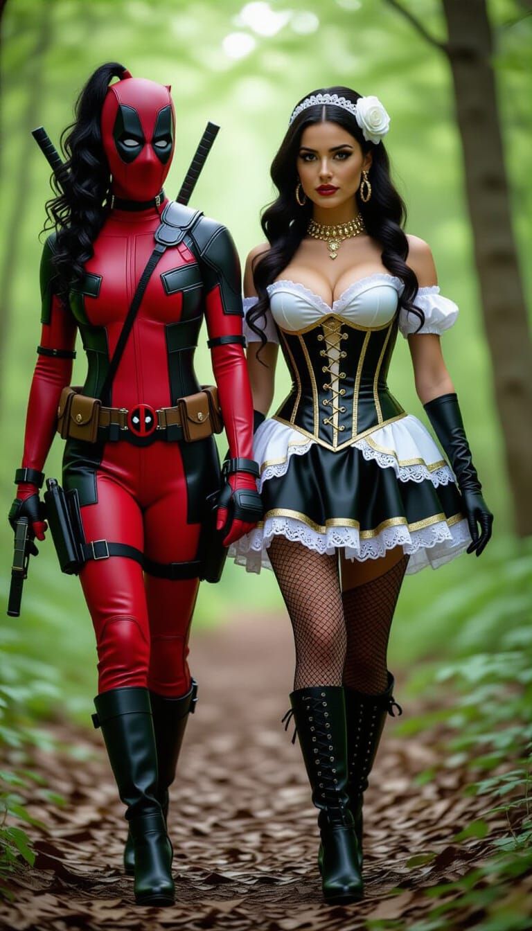 Deadpool & Princess in Emerald Forest at Sunset