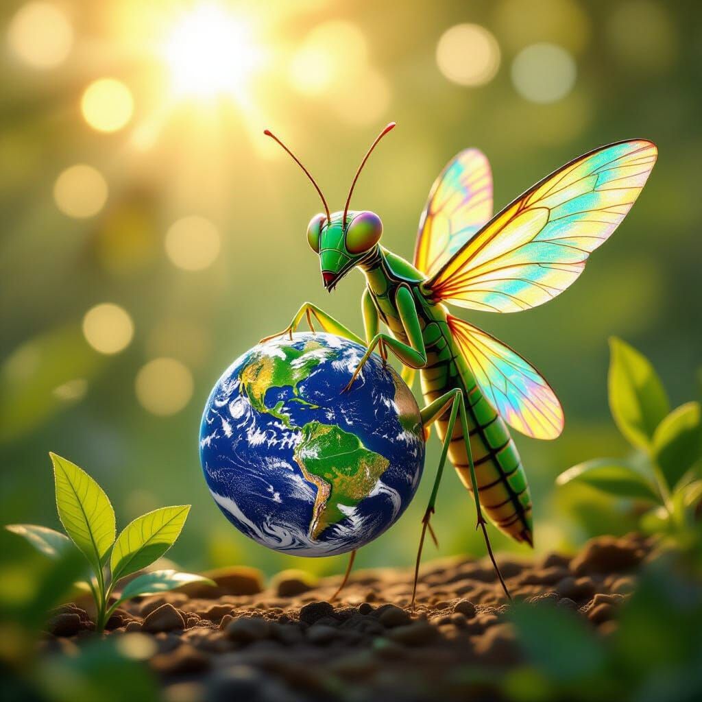 Anthropomorphic Mantis Holds Planet: Vibrant Digital Art