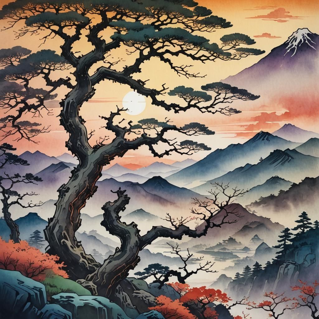 Japanese Landscape Woodblock Print with Misty Mountains