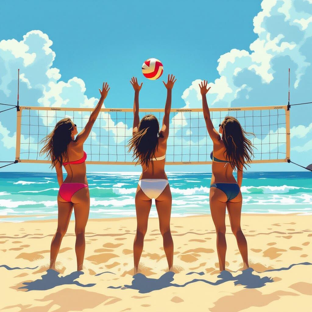 Women Play Volleyball on Sunny Beach with Cinematic Lighting