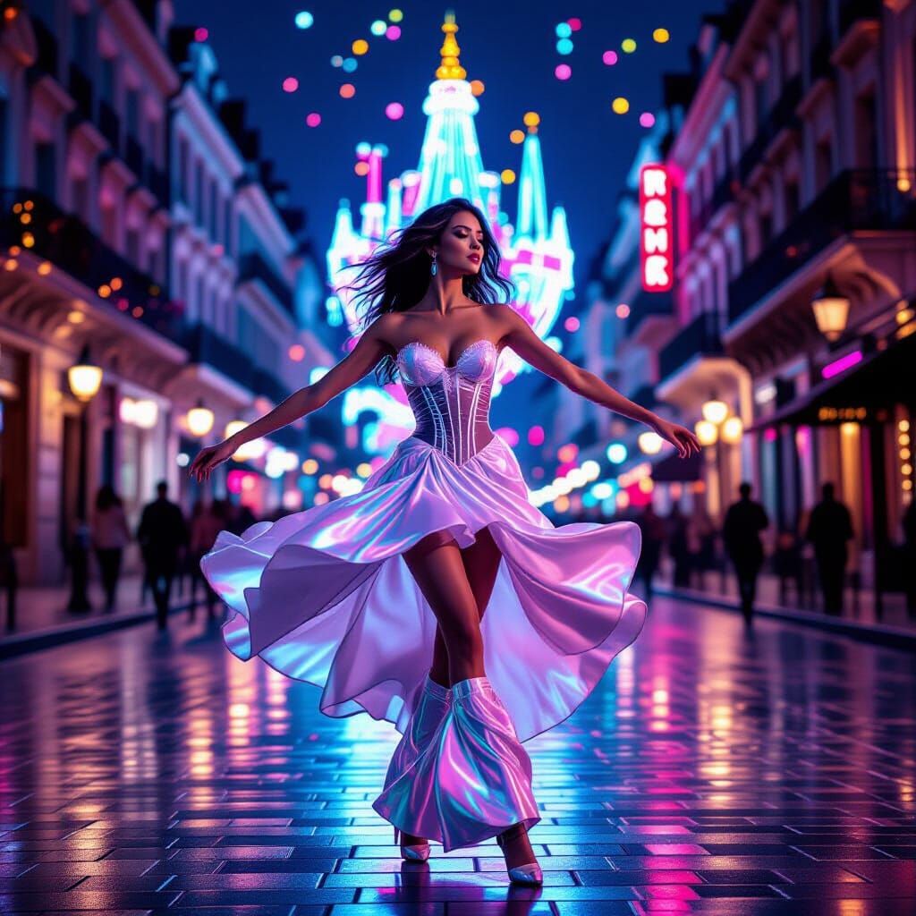 Dynamic Woman Spinning Through Time in Neon Futurism