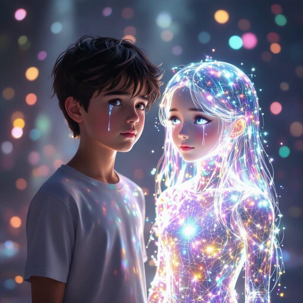 Holographic AI Girl and Tearful Boy in Digital Painting