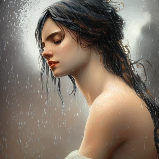 Greek Goddess in Rain: Hyperdetailed Art Portrait