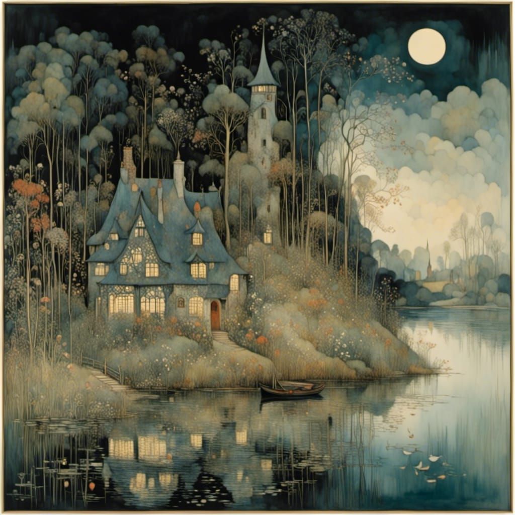 Enchanted Lakeside Home, Inspired by Classic Illustration