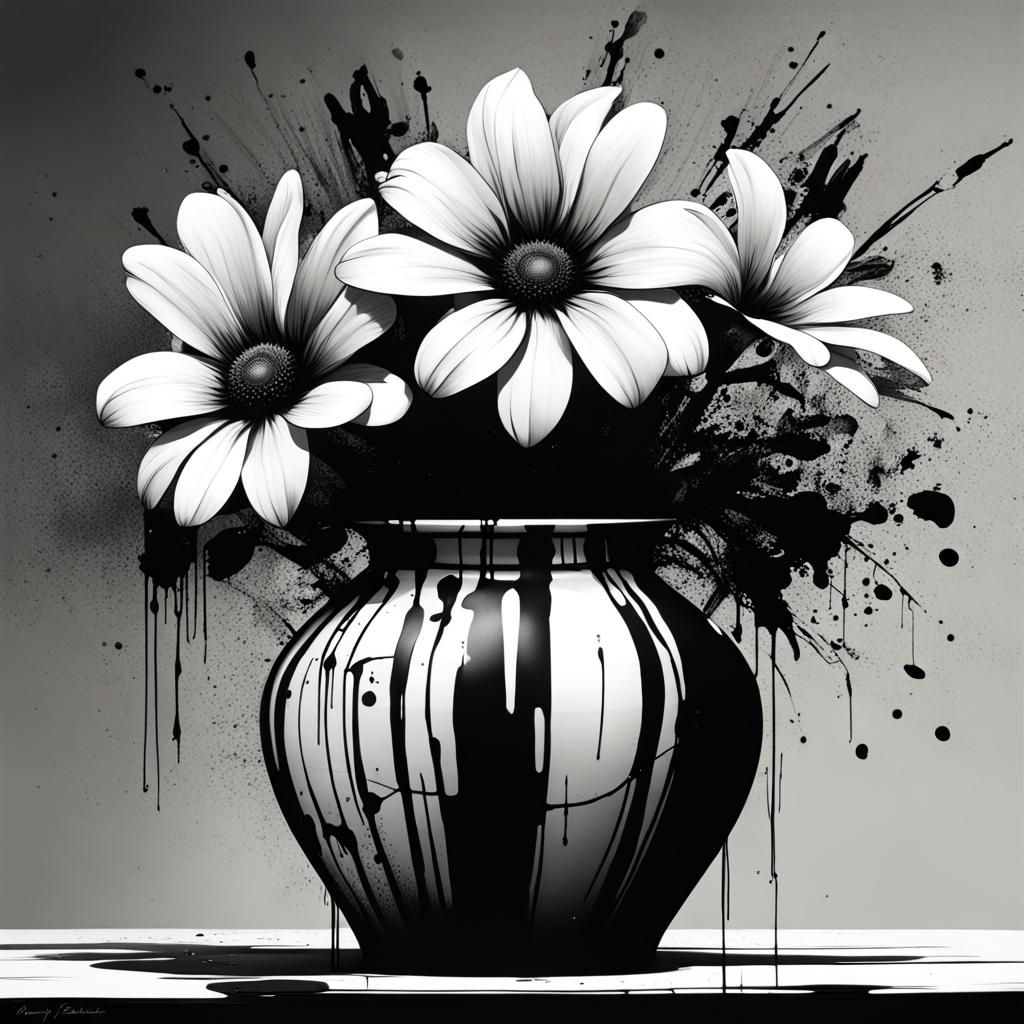 Monochrome Graffiti Flower Vase in Street Art Style