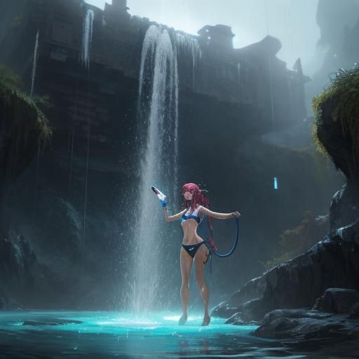 Anime Girl Shower in Wet Bikini, Detailed Art