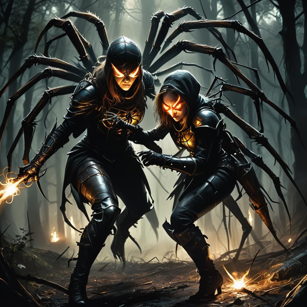 Woman Fighting Giant Spider in Dark Fantasy Style