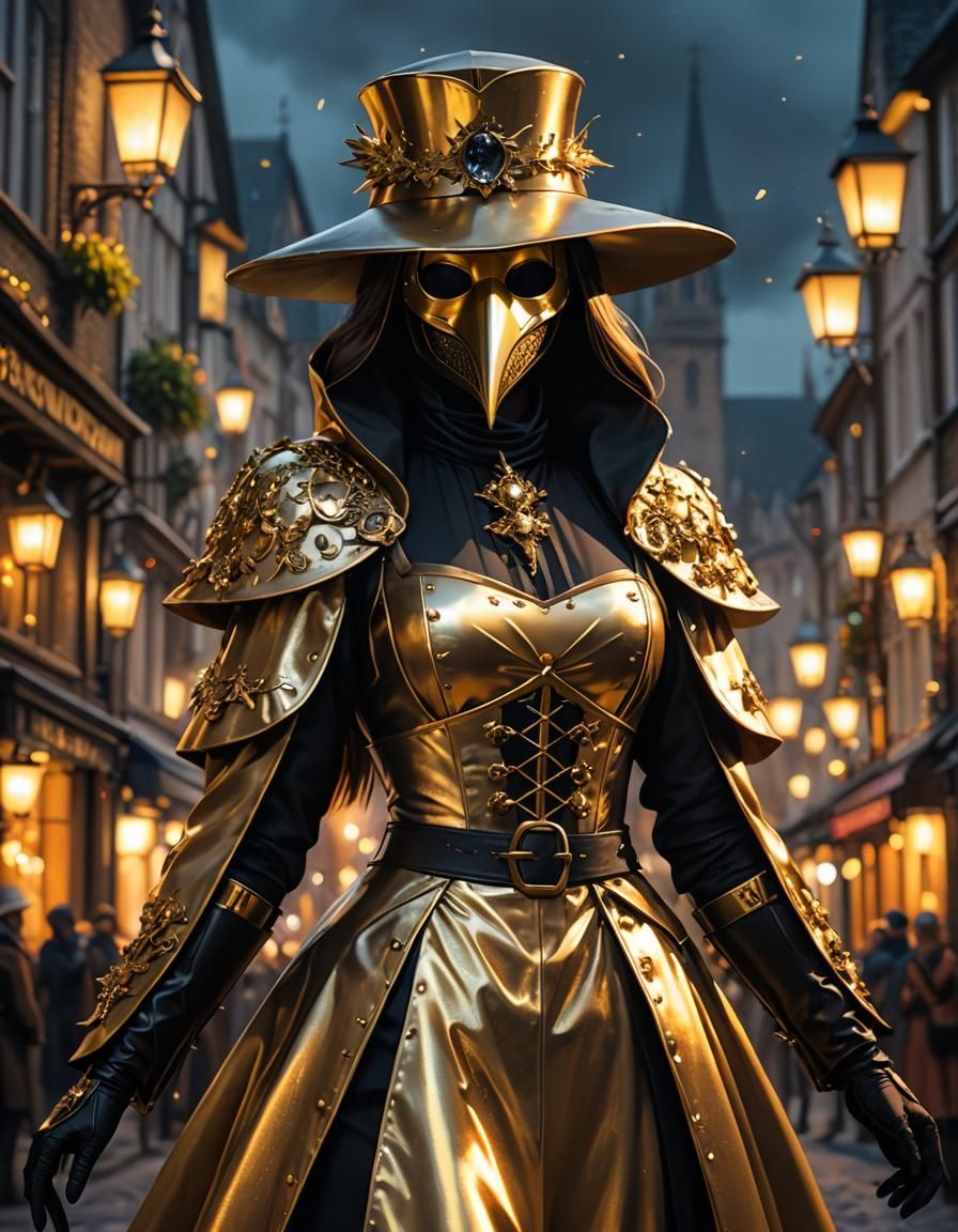 Golden Plague Doctor in Medieval London: 3D Anime Art
