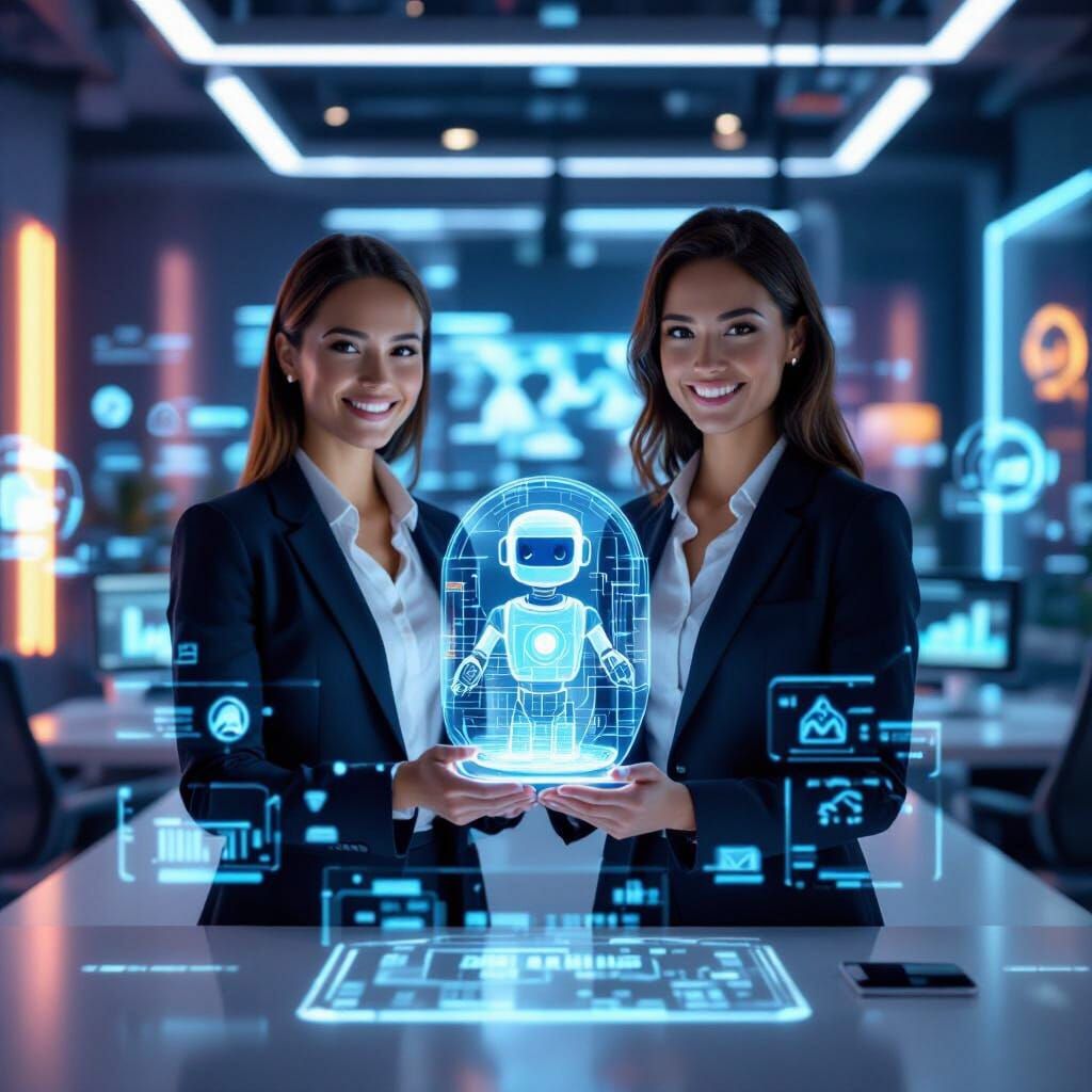 Businesswoman with AI Assistant in Futuristic Conference Roo...