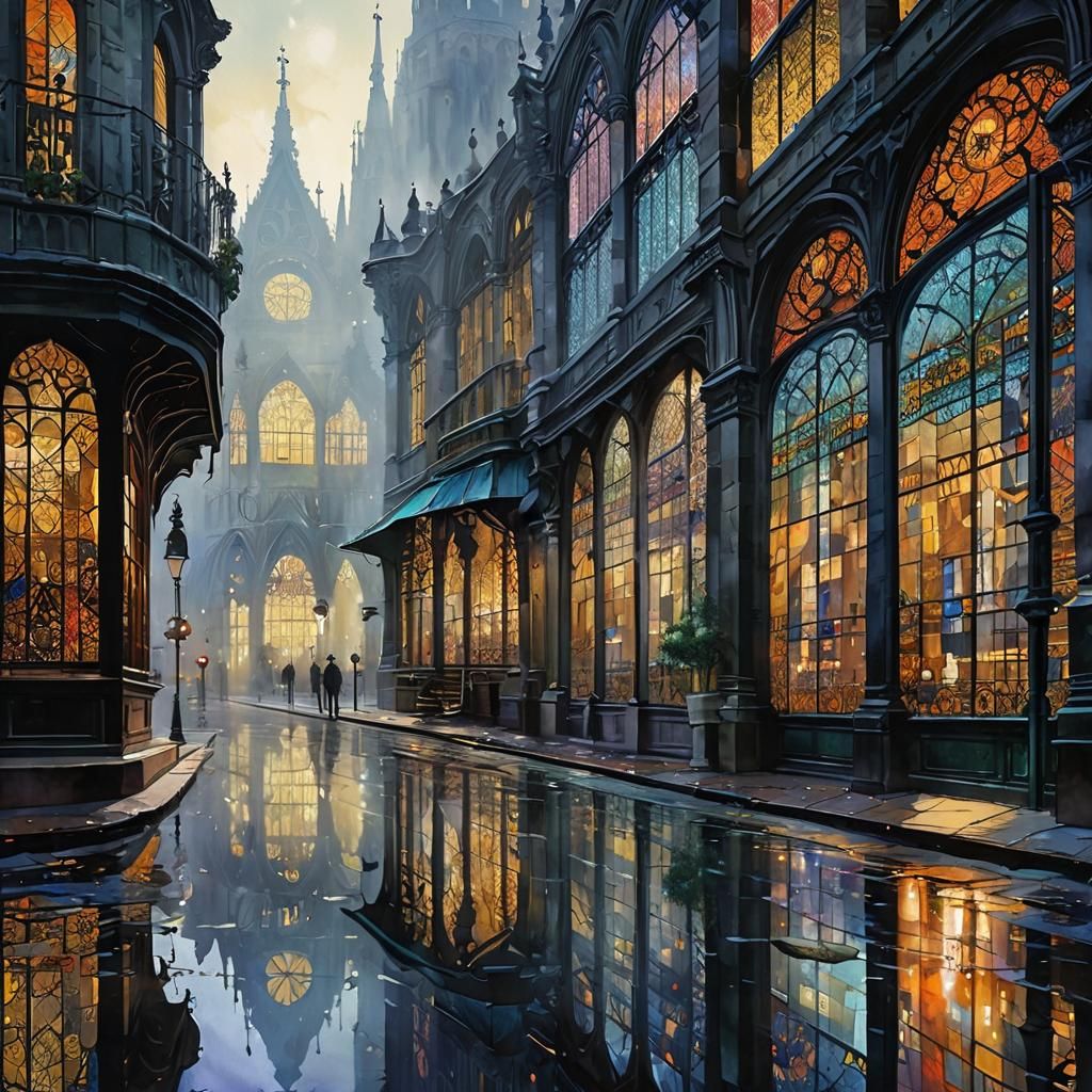 Figurative Cityscape with Stained-Glass Architecture