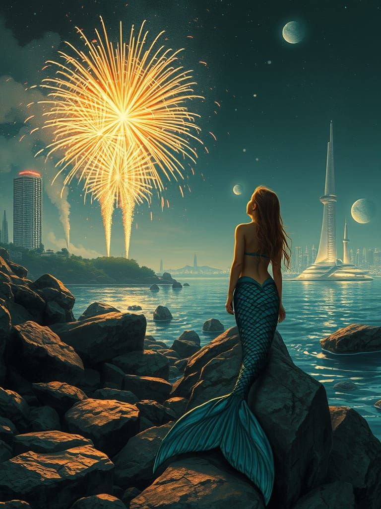 Mermaid Watching Fireworks Display in Pre-Raphaelite Space A...