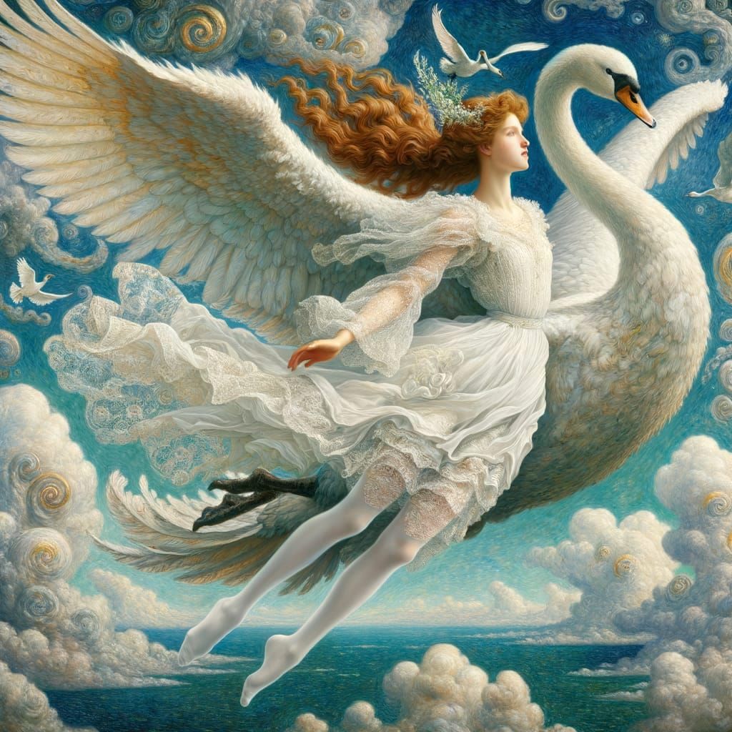 Surreal Angelic Woman Flies with Swan in 19th-Century Symbol...