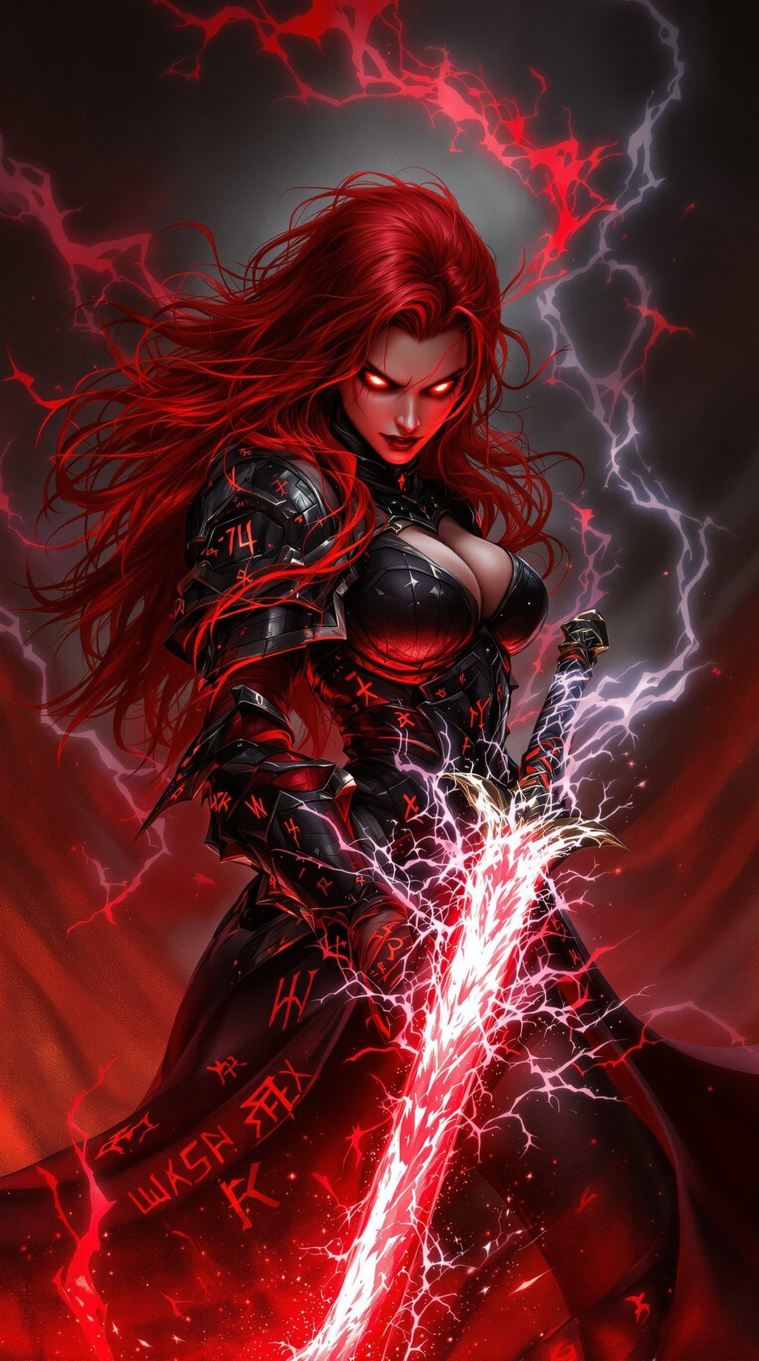 Crimson-Haired Sorceress with Sword in Eerie Armor