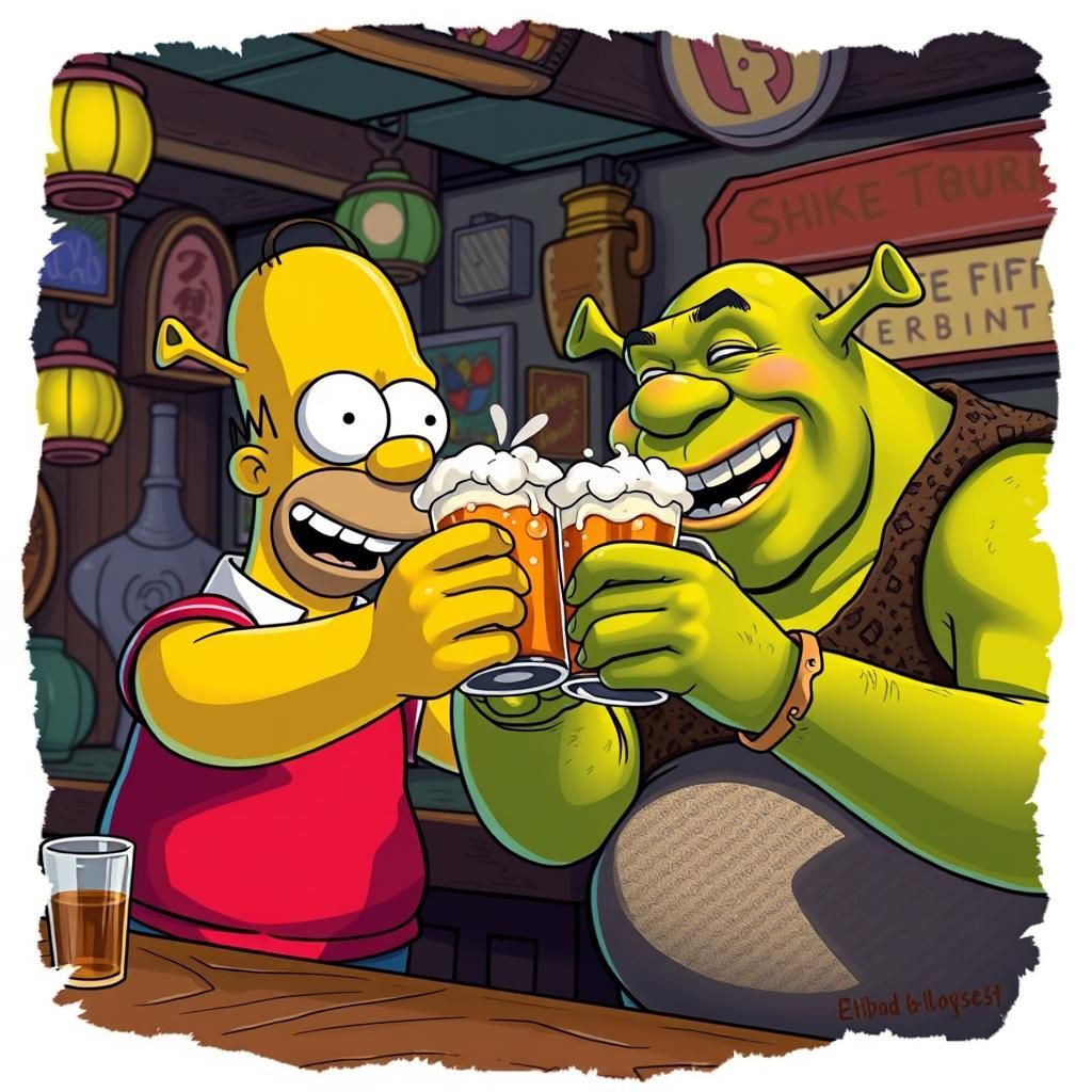 Homer Simpson and Shrek Enjoying Beer in Tavern