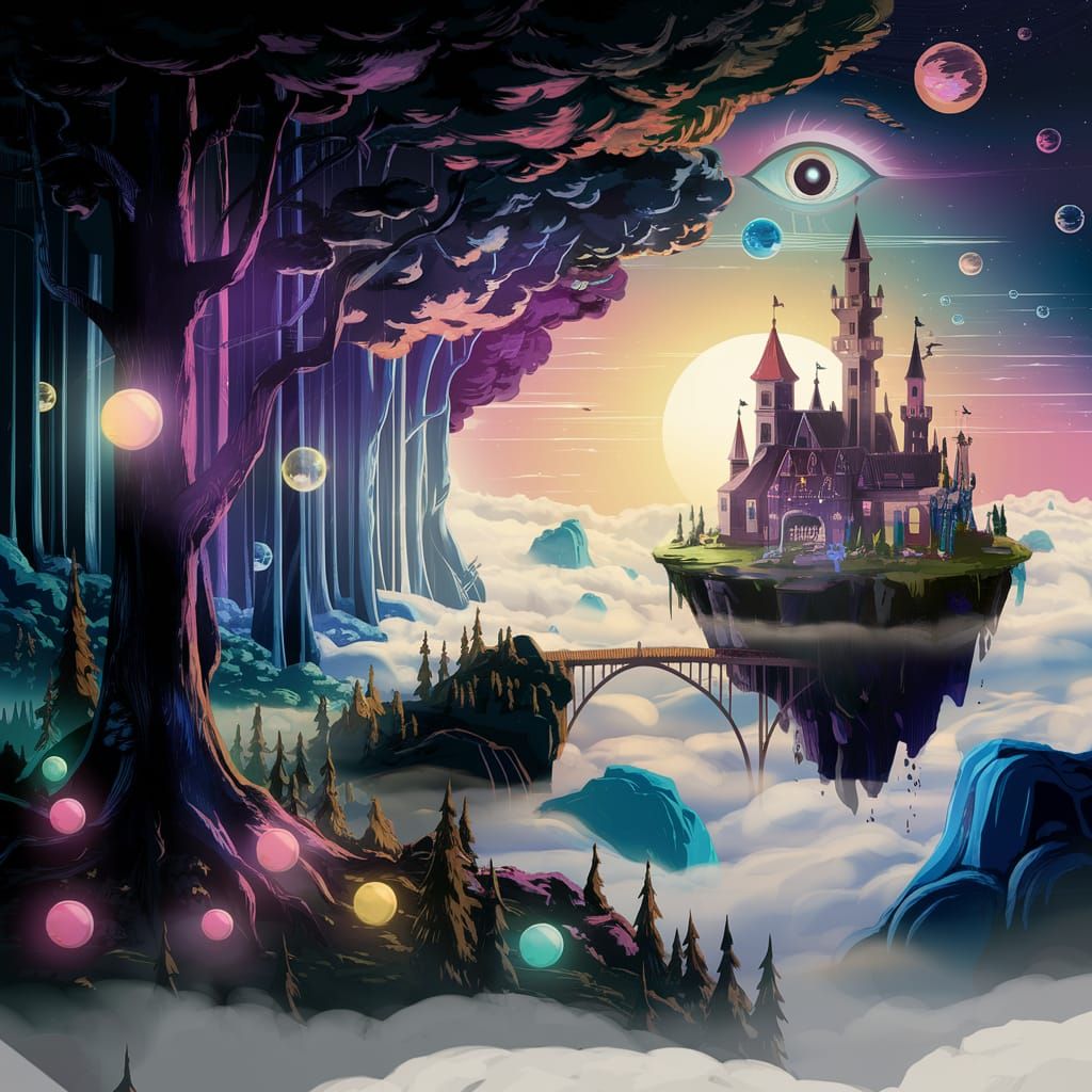 Fantasy World with Floating Island and Cloud Castle