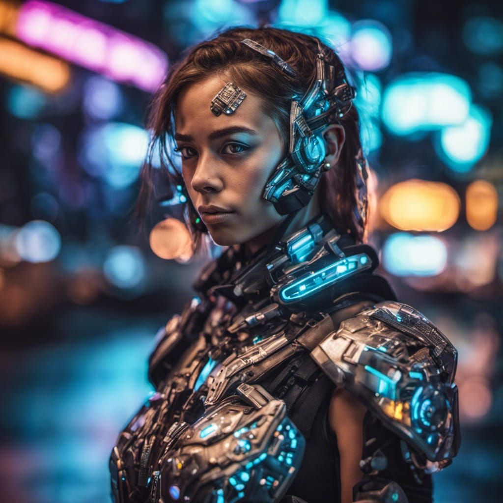 Cyborg Girl in Neon City, Hyperrealistic Portrait