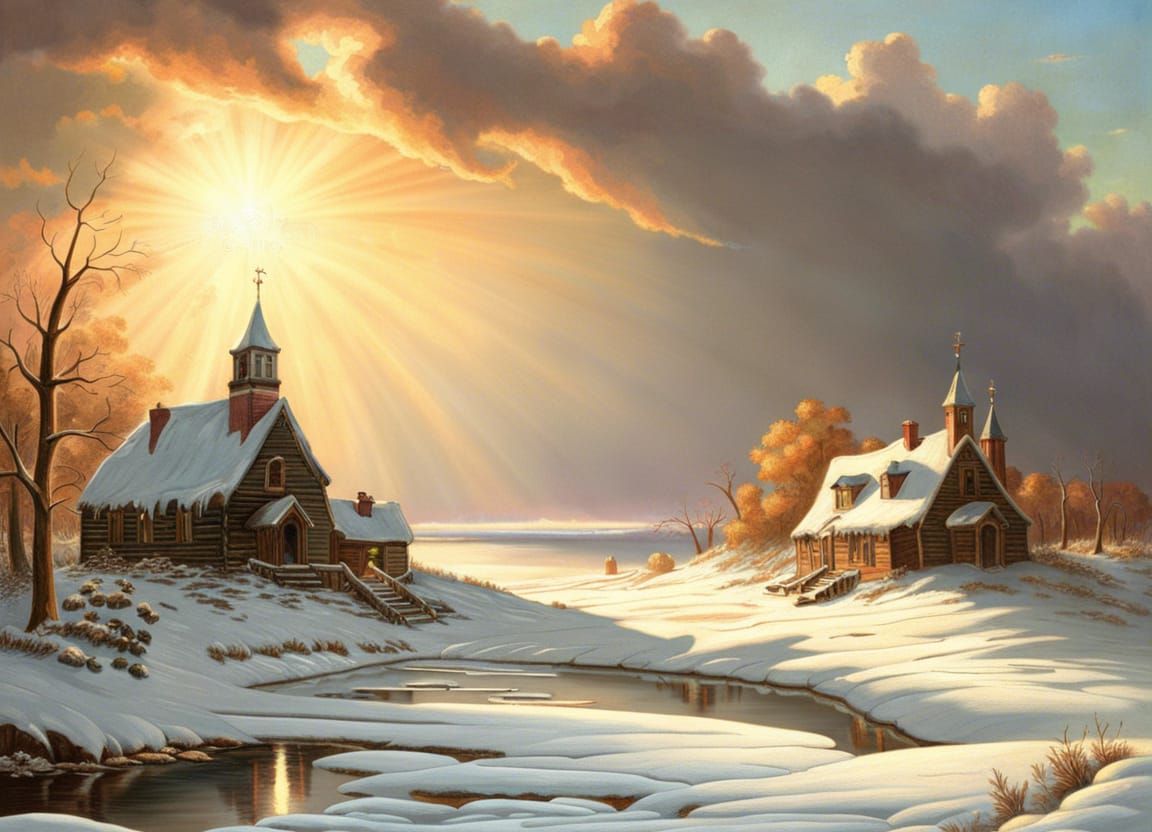Snowy Village on Frozen Lake: Atmospheric Landscape