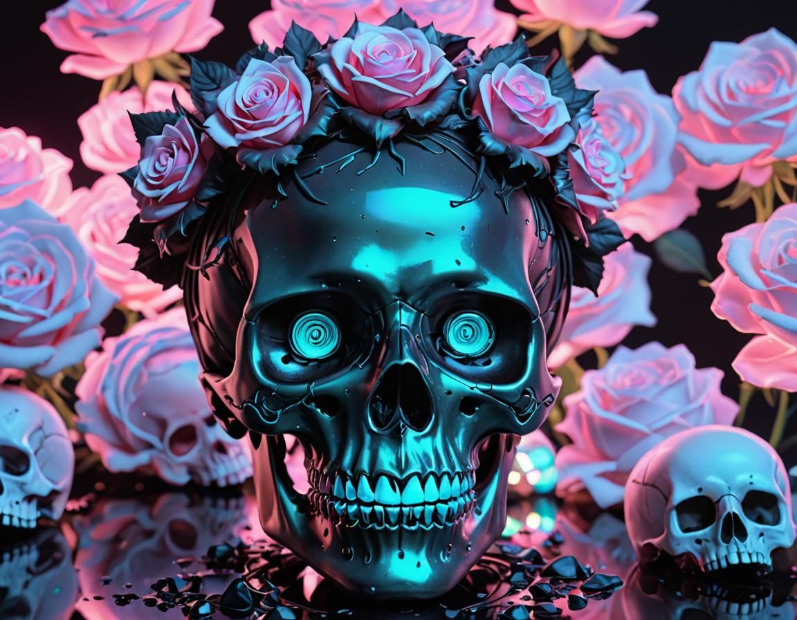 Holographic Skull with Neon Roses in Anime Style