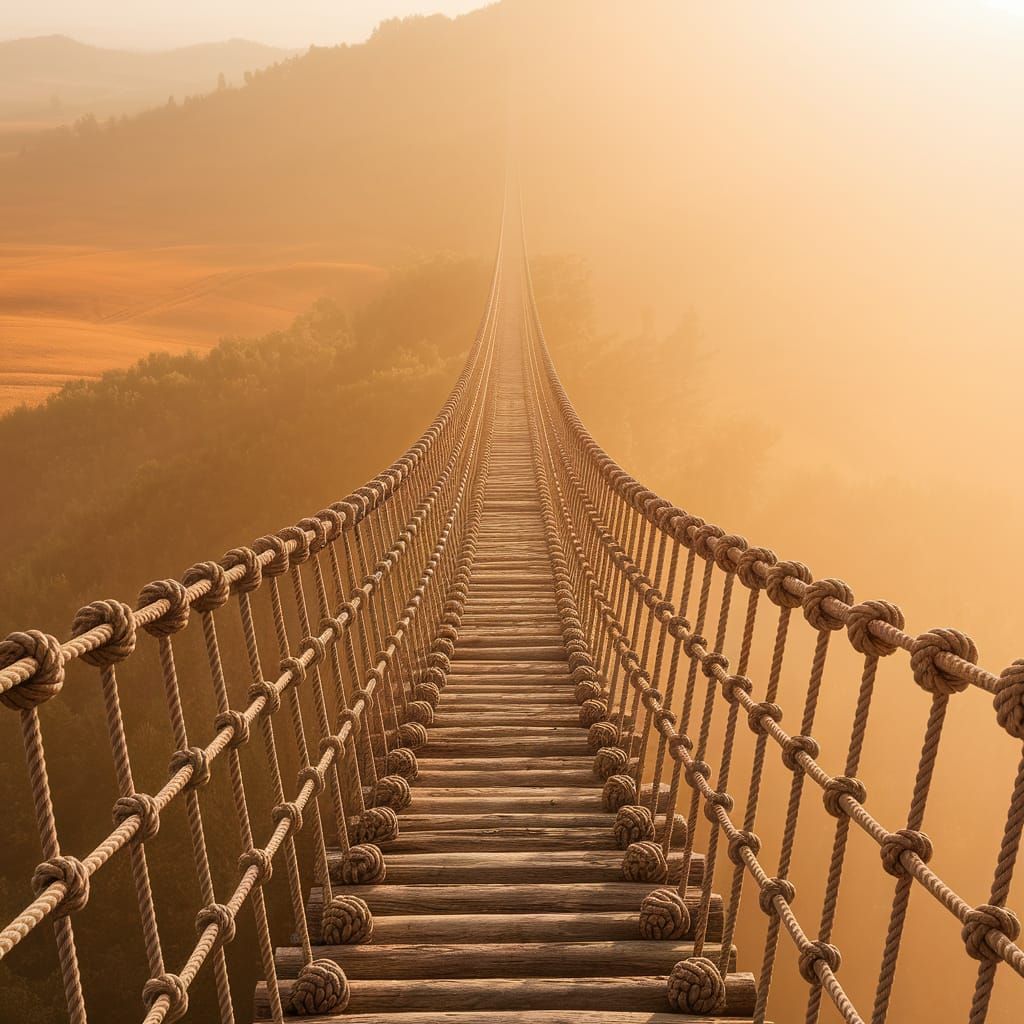 Breathtaking Rope Bridge to Golden Horizon Photograph
