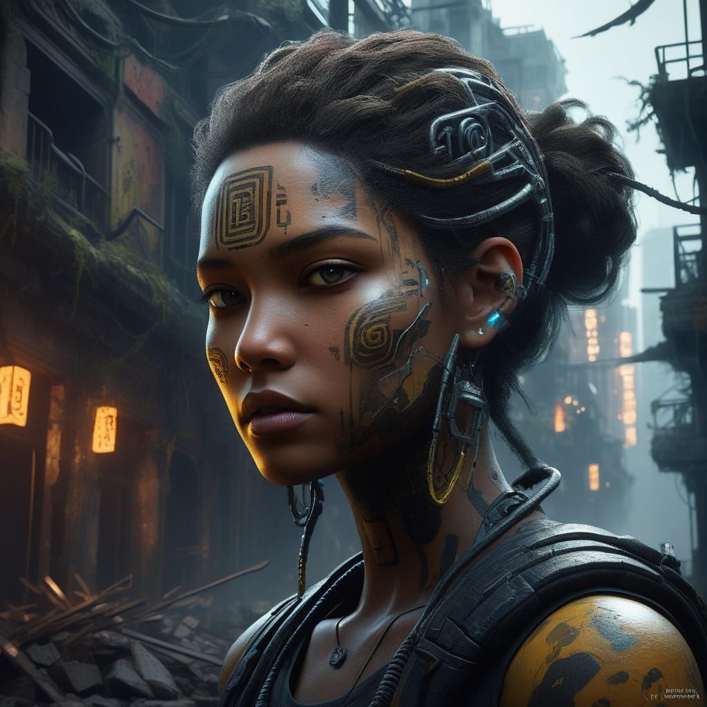 Cyberpunk Woman with Glowing Hieroglyphs: Digital Painting