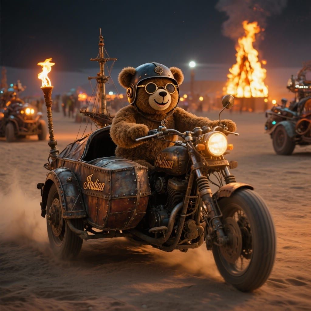 Steampunk Motorcycle Led by Malignant Teddy Bear in Desert