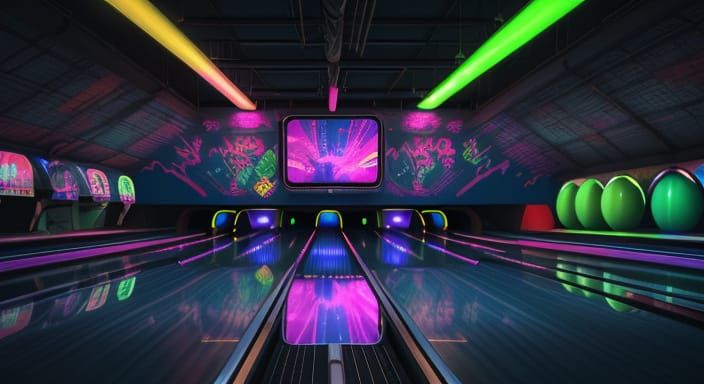 Surreal Bowling Alley Unveils Neon Dreams in Vibrant Colors