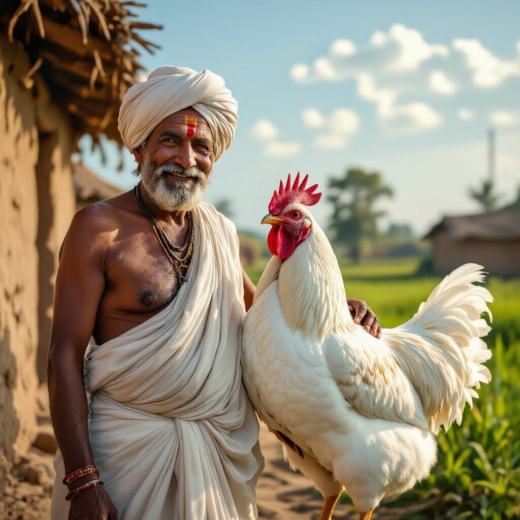 Indian Farmer and Giant Chicken in Rural Setting