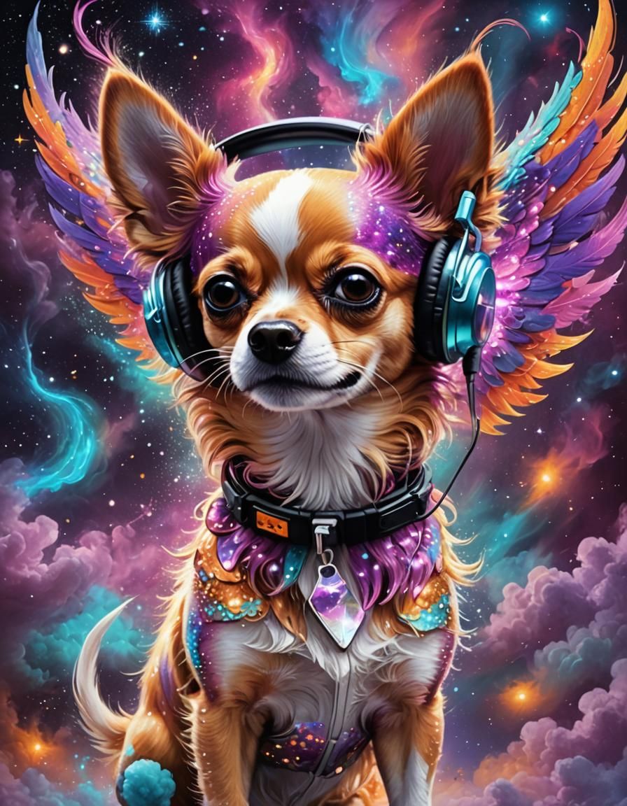 Winged Chihuahua in Psychedelic Cosmic Storm