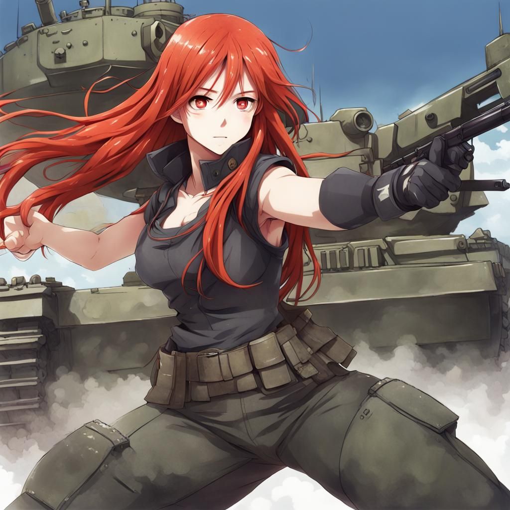Anime Girl in Battle Pose with Tank