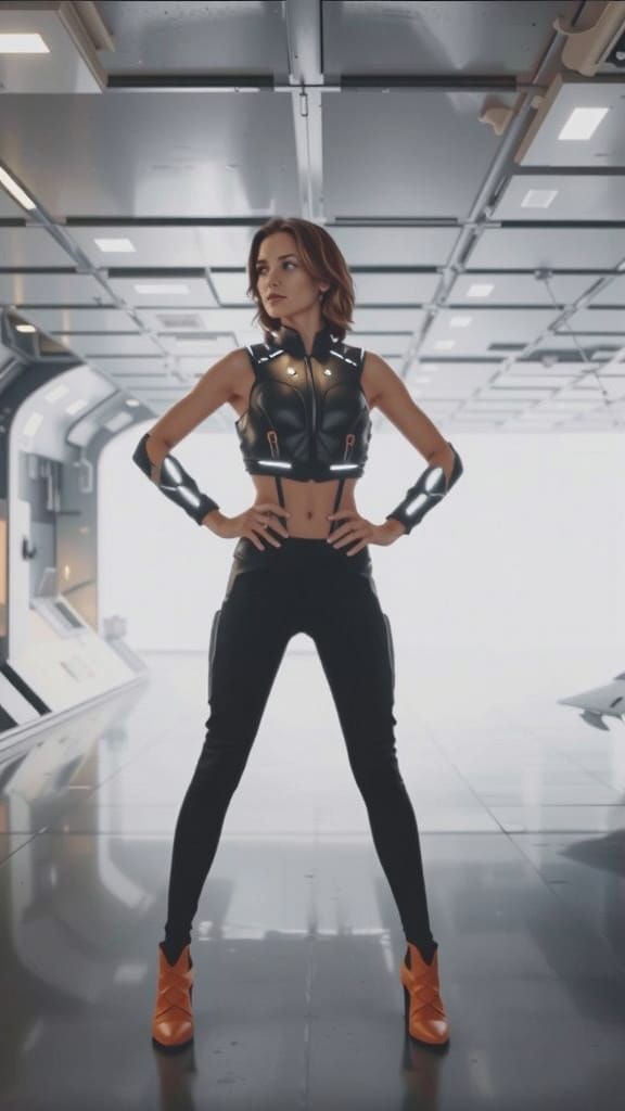 Futuristic Woman in Space Hangar, Sci-Fi Art