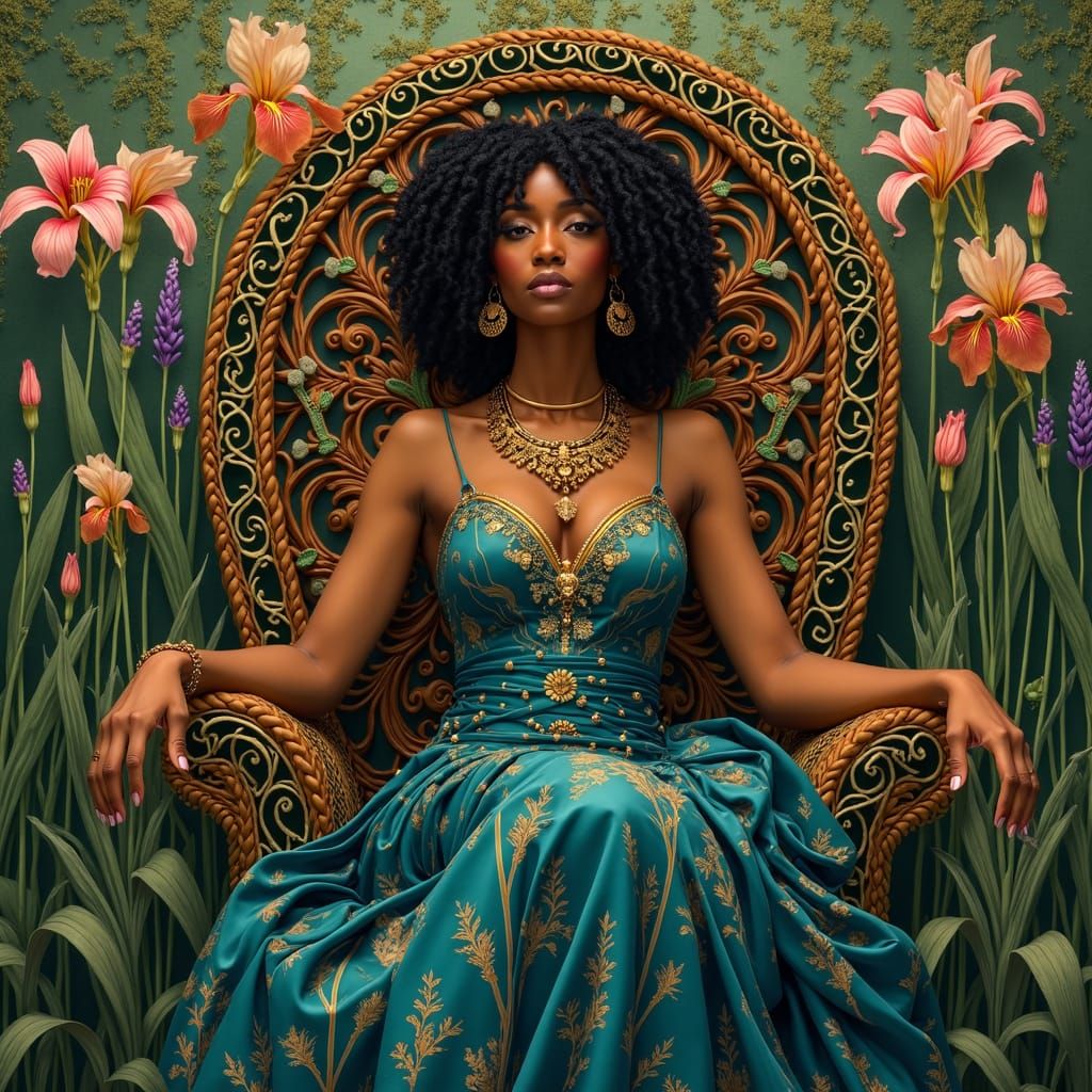 Art Nouveau African Queen in Floral Garden