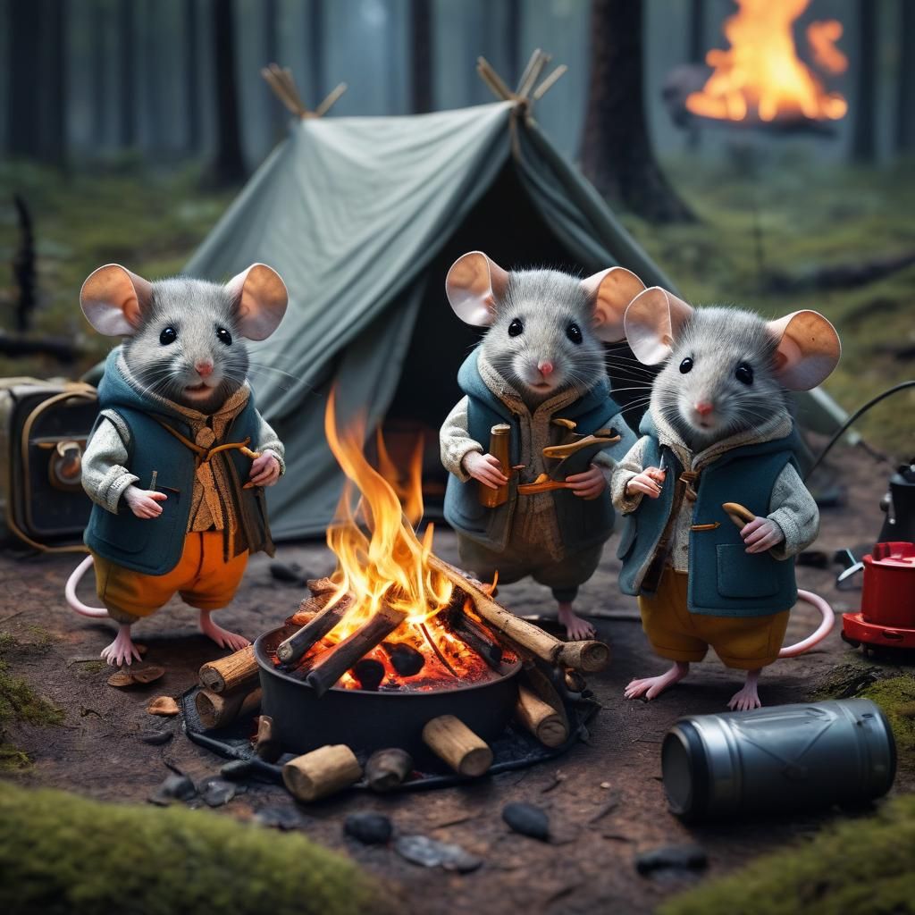 Mice Camping in Forest, Cute Anthropomorphic Animals