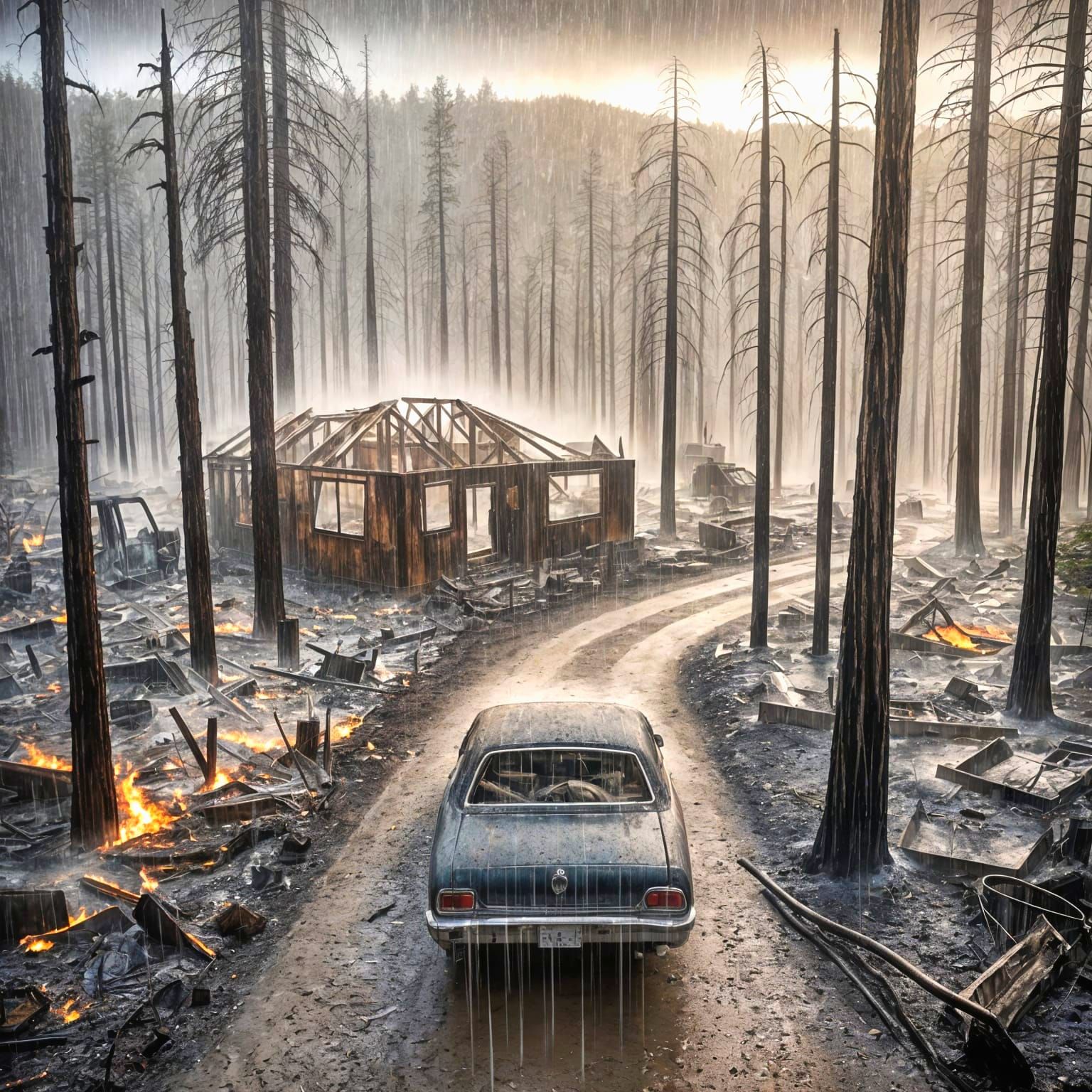 A torrential rain on a Californian forest after a devastatin...