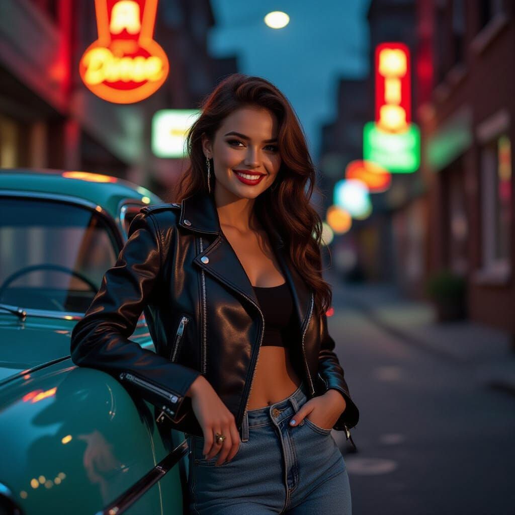 Greaser Girl in Moonlit Alleyway, Rockwell Style