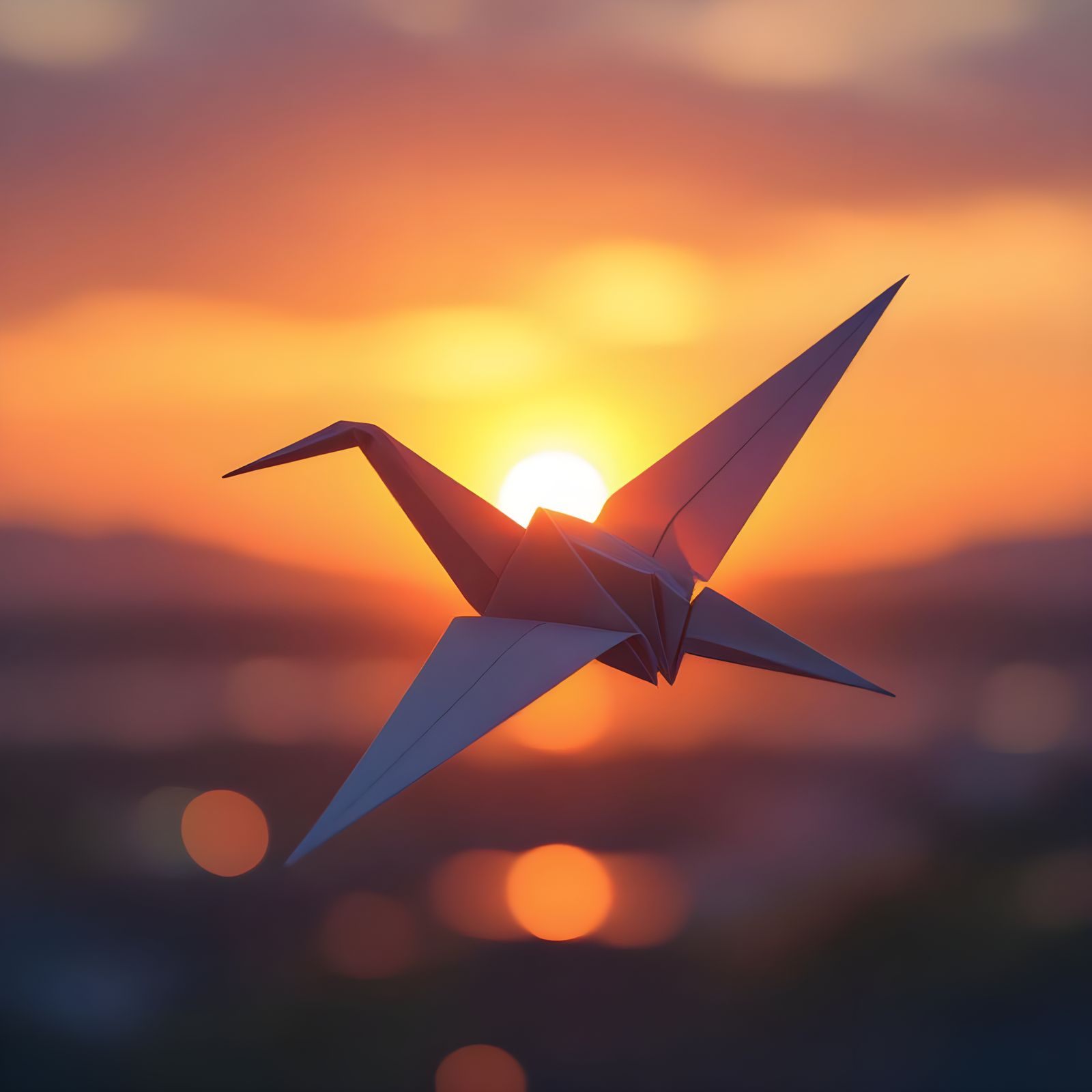 Origami Crane Takes Flight at Sunset
