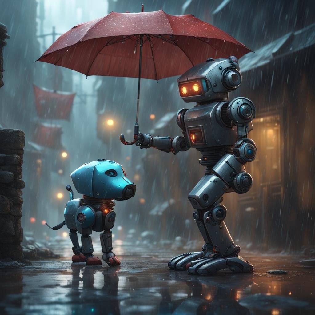 Robot Protects Puppy in Rainy Weather