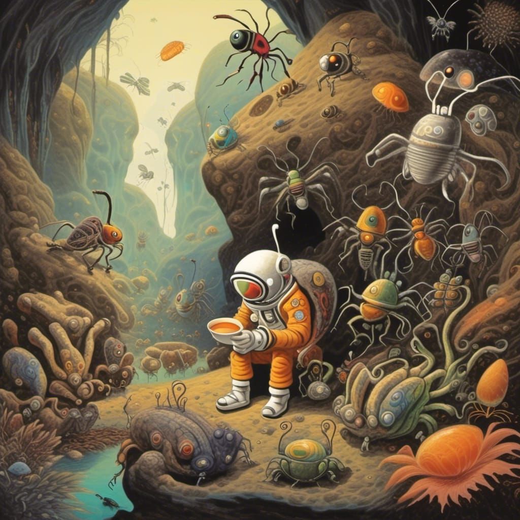 Astronaut's Surreal Tea Party with Bug Aliens