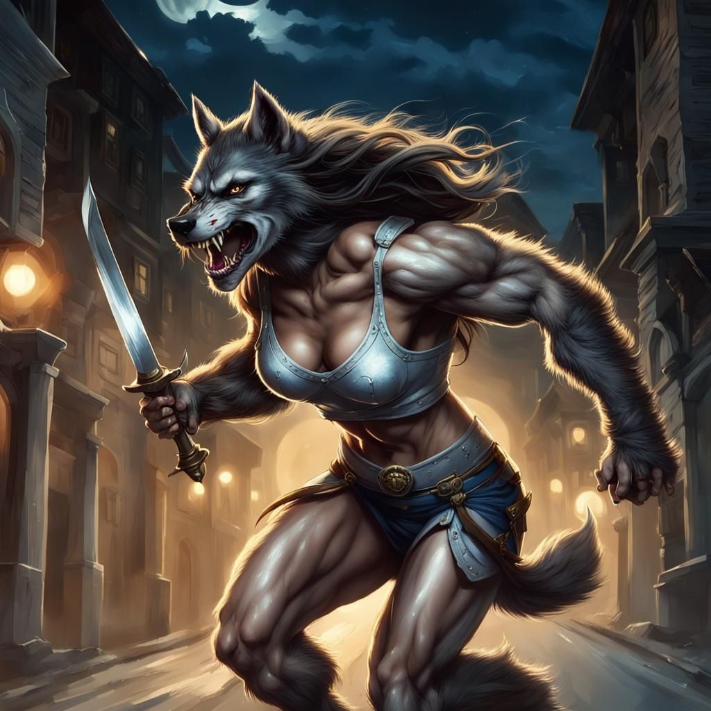 Armored Female Werewolf Runs Under Full Moon