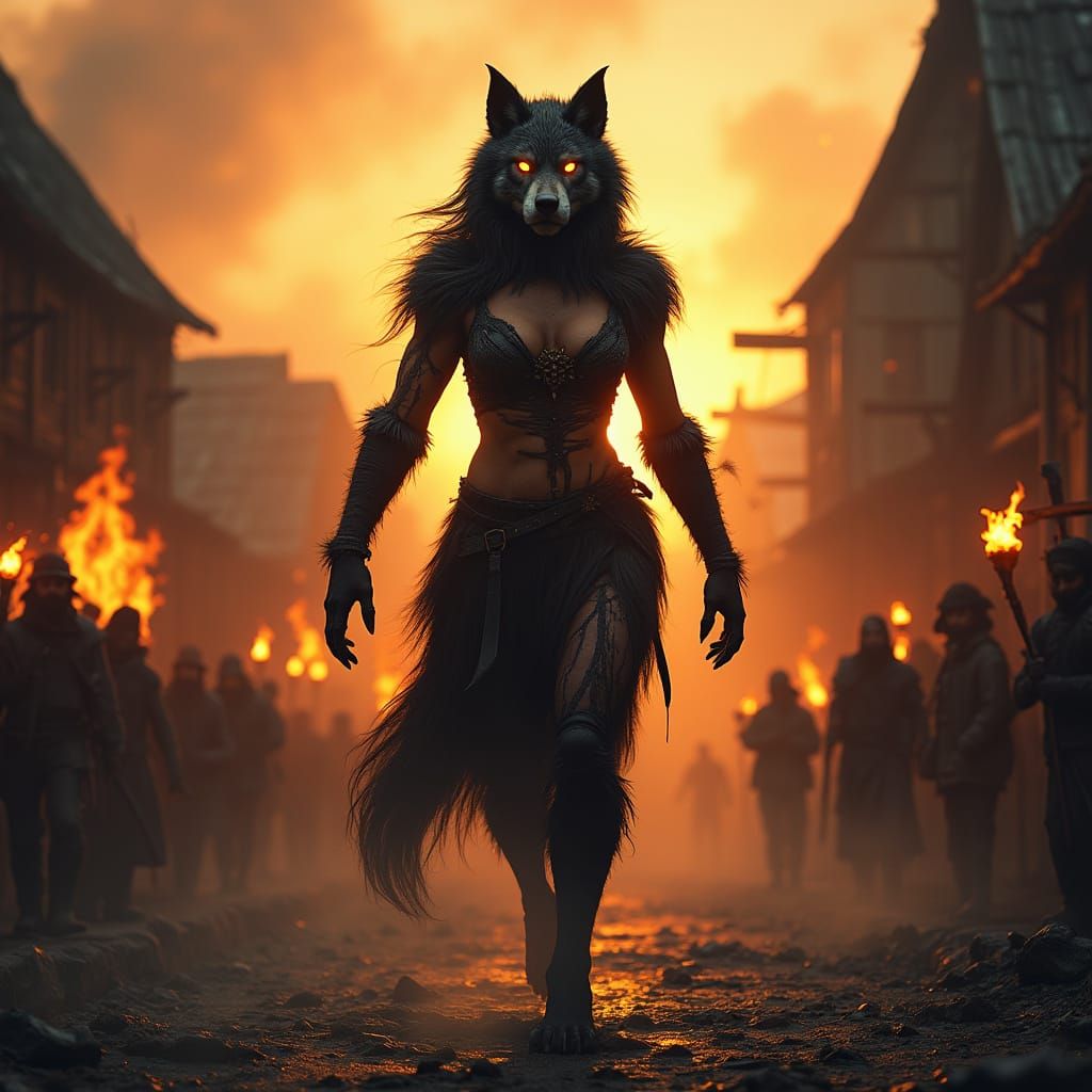 Medieval Beast Emerges from Burning Village Dawn