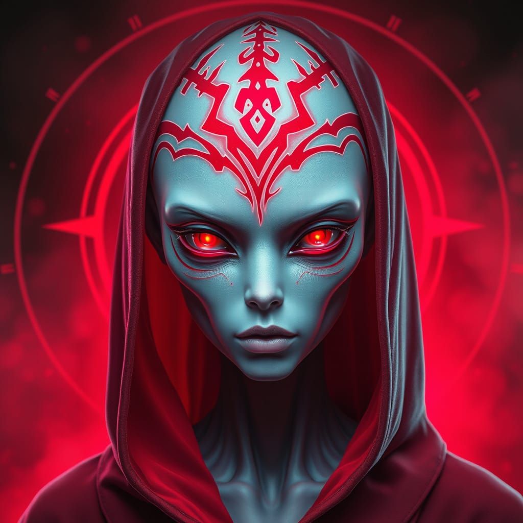 Enigmatic Alien with Crimson Hood and Glowing Eyes