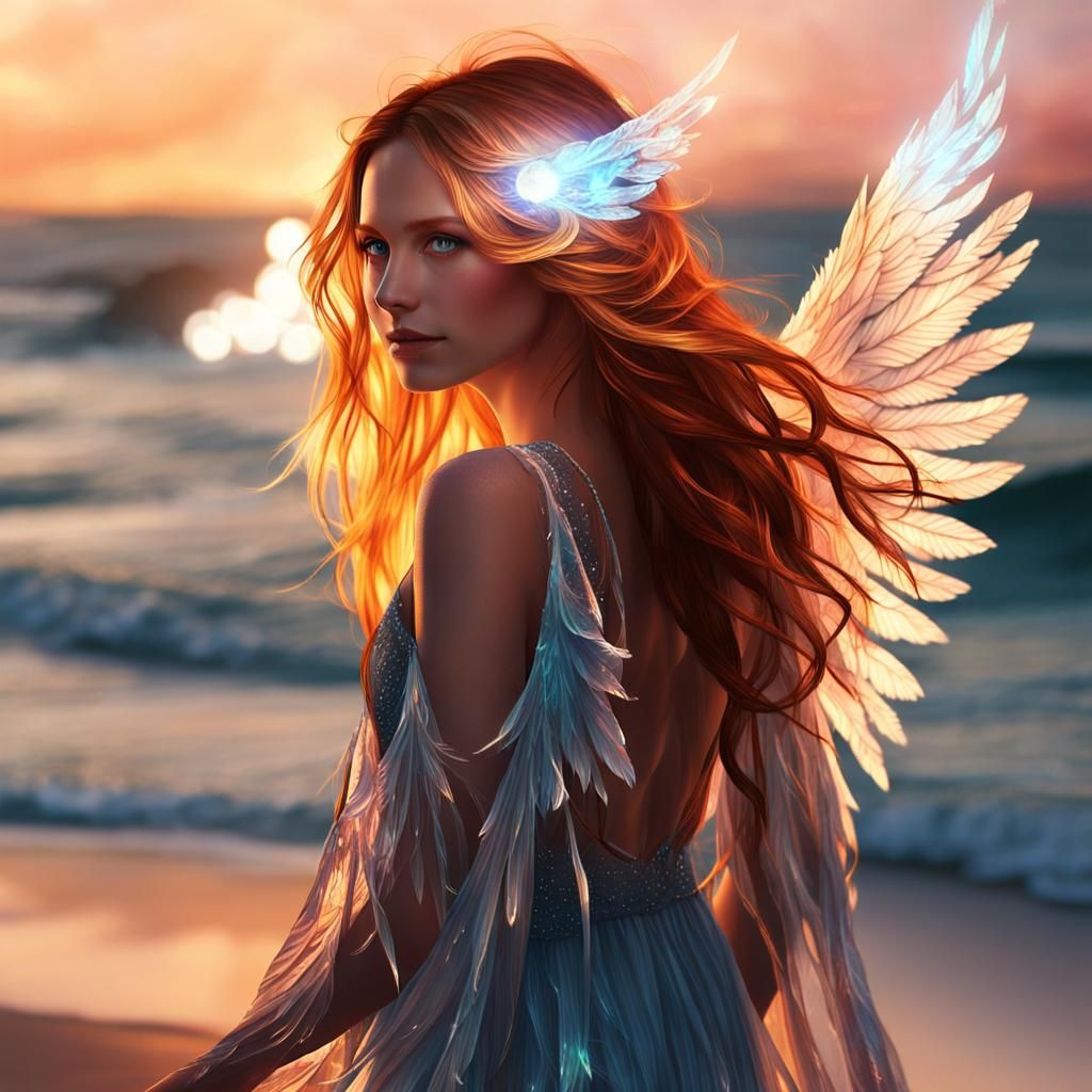 Anime Woman with Flame Hair and Crystal Wings