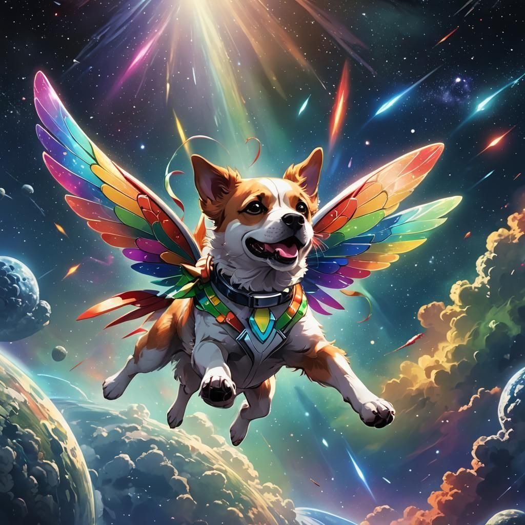 Rainbow Winged Dog Flying in Space, Anime Style