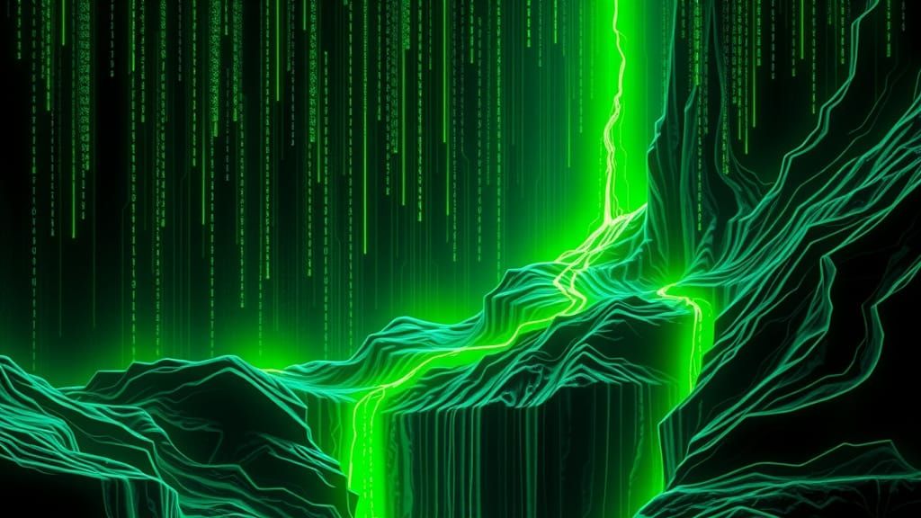 Ethereal Neon Waterfall Cascades into Dark Abyss in Cyberpun...