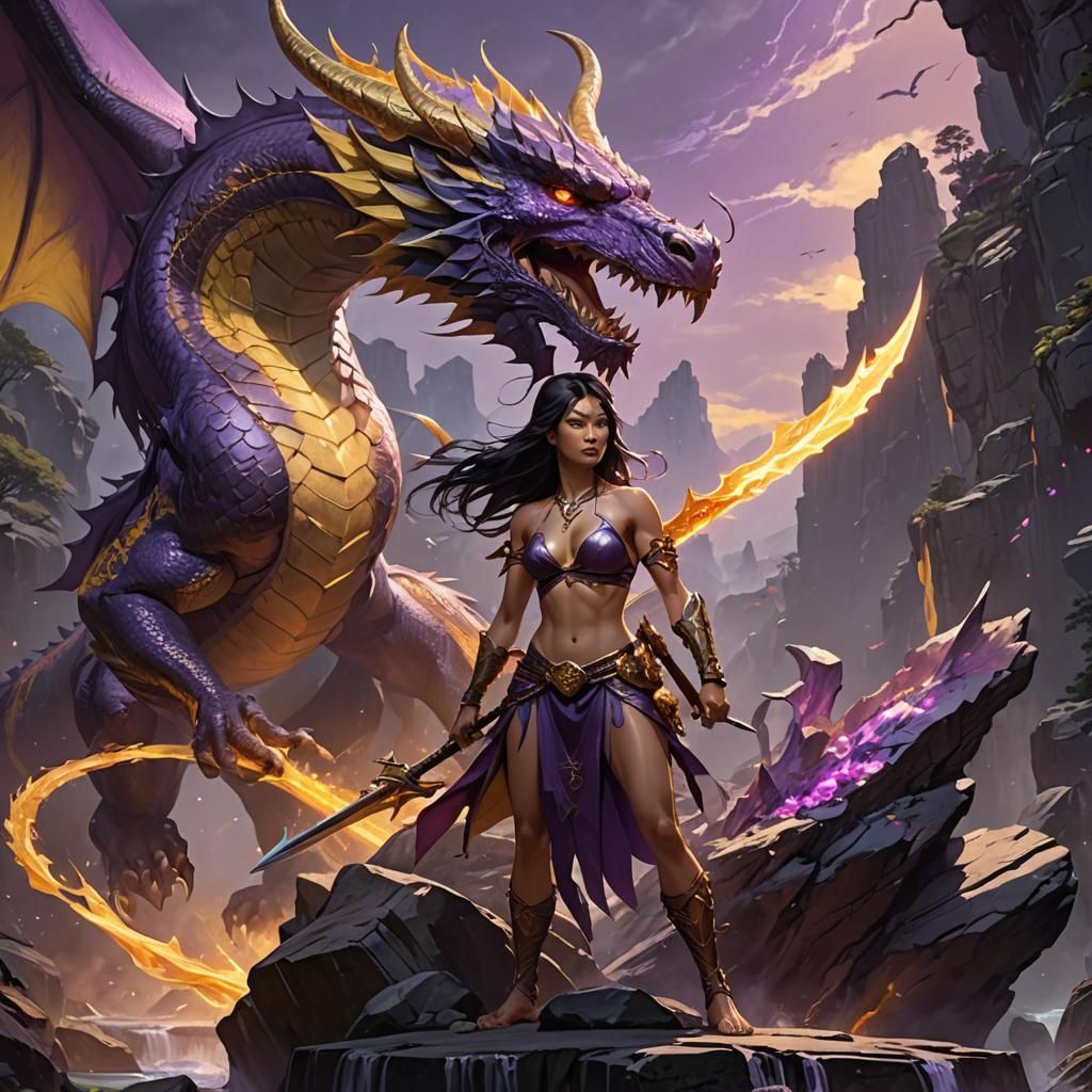 Asian Fighter with Dragon in Art Nouveau Style