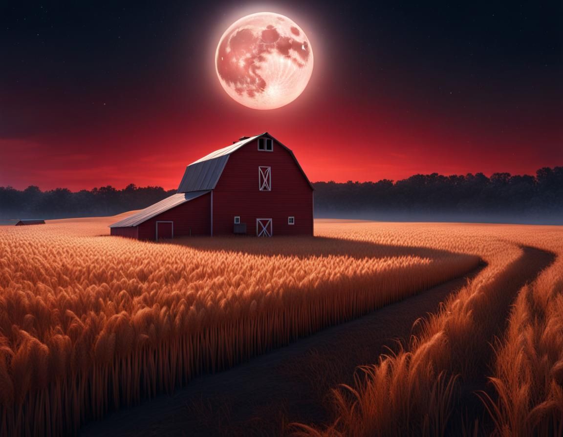 Wheat Field at Night Under Full Moon