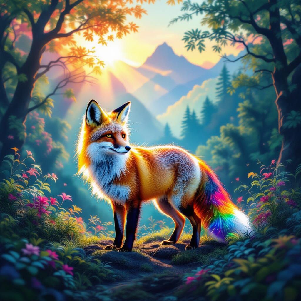 Magical Fox in Colorful Jungle Double Exposure