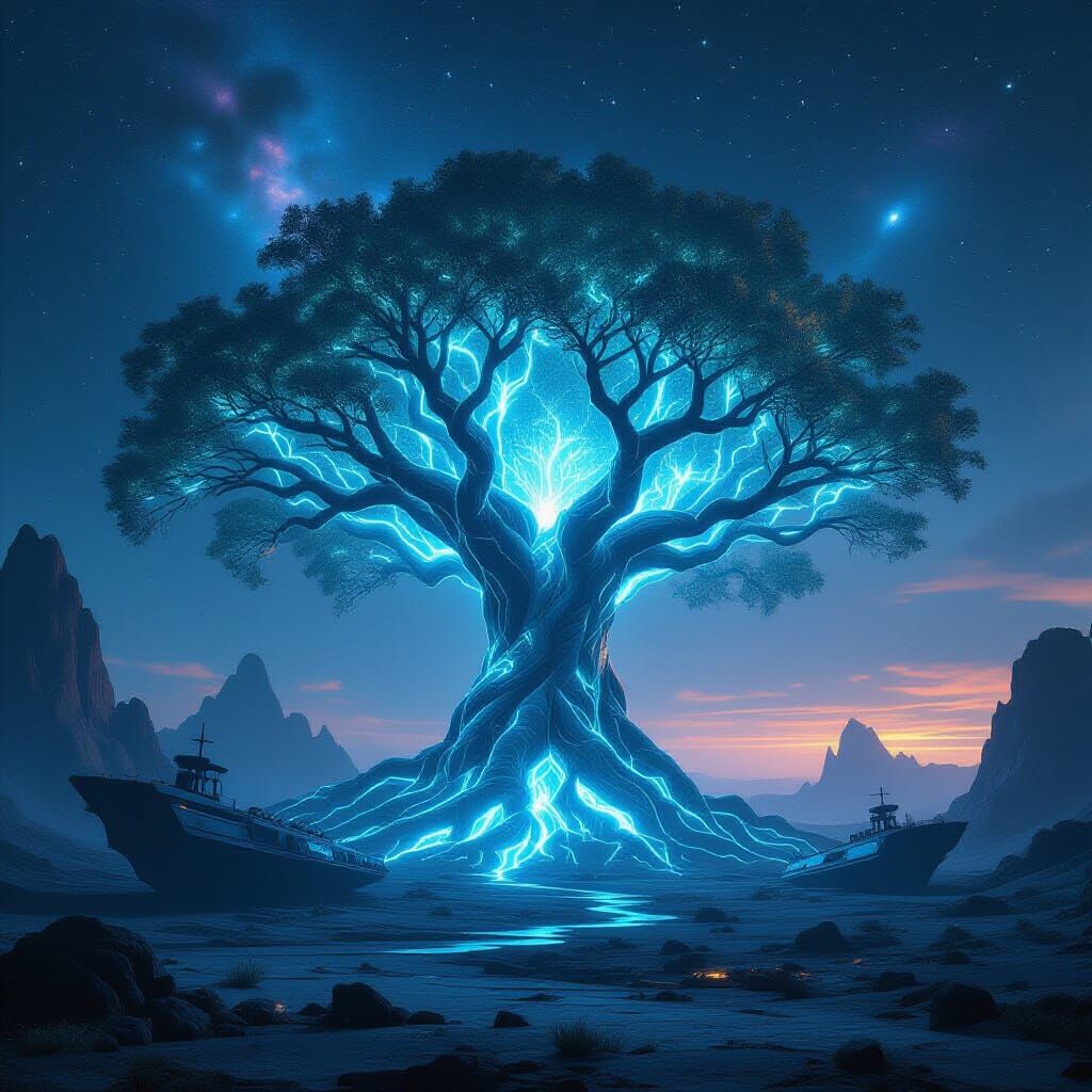 Bioluminescent Tree With Spaceships on Alien Planet