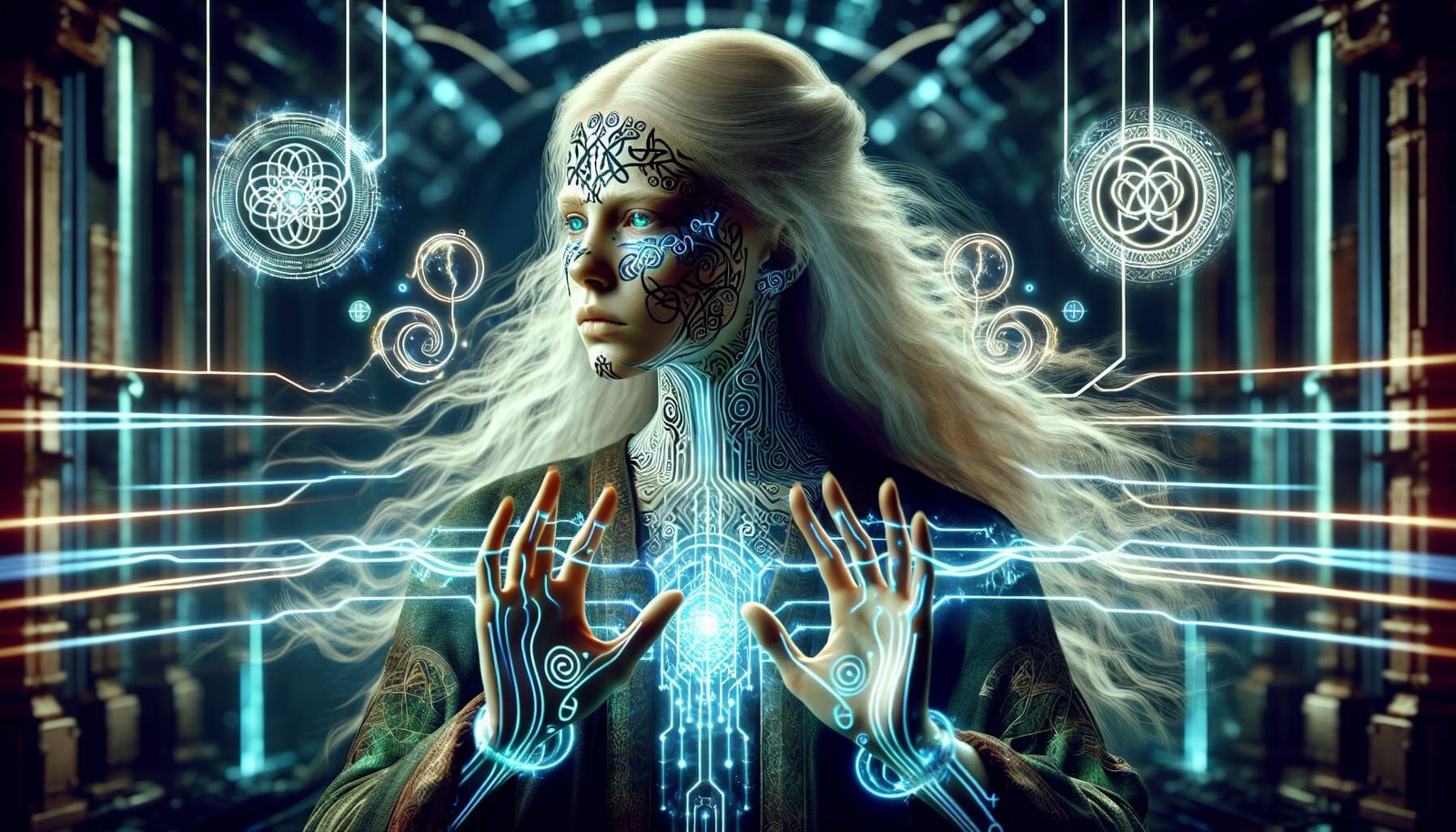 Neon Celtic Goddess in Cyberpunk Warehouse