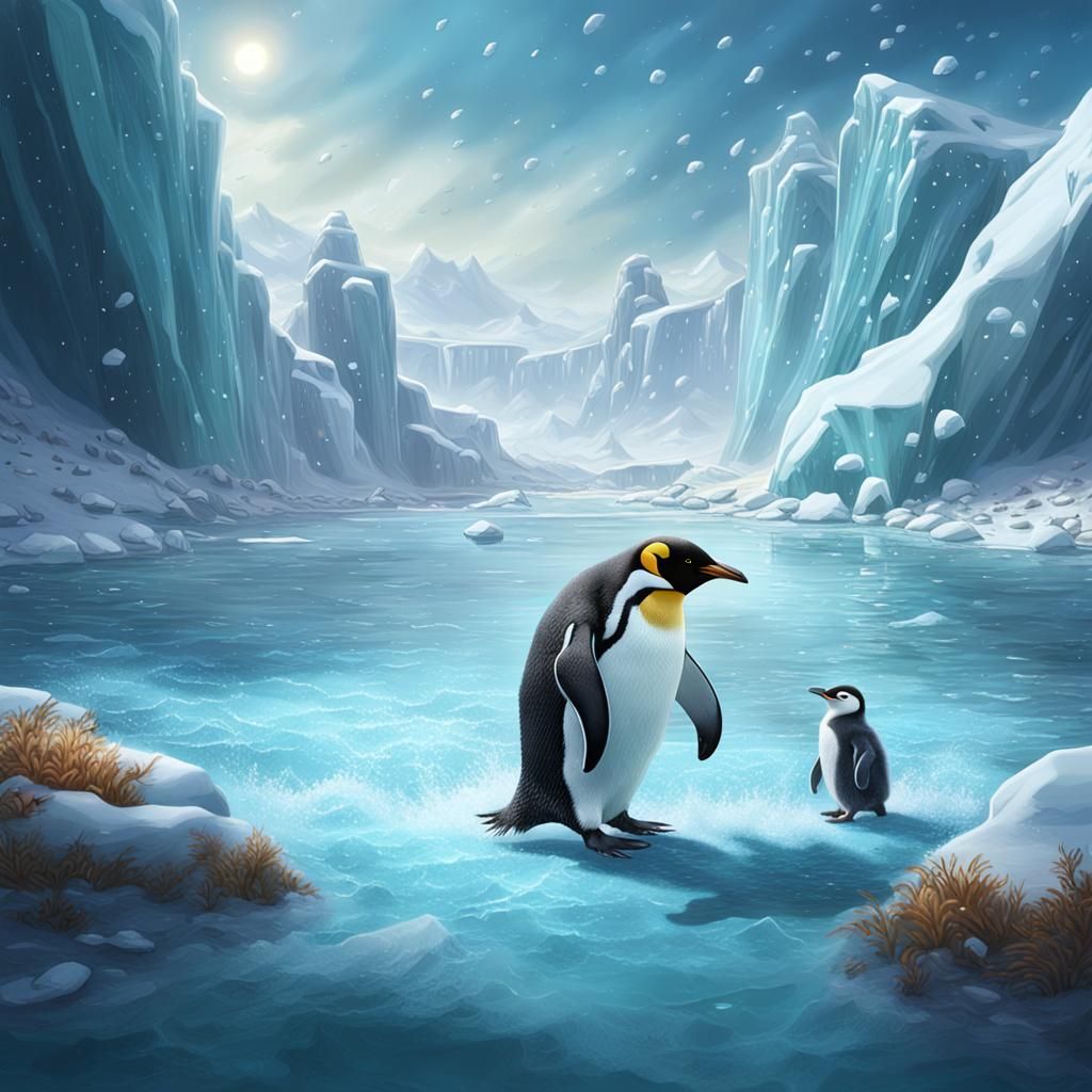 Penguin Father Teaches Chick to Swim: Detailed Matte Paintin...