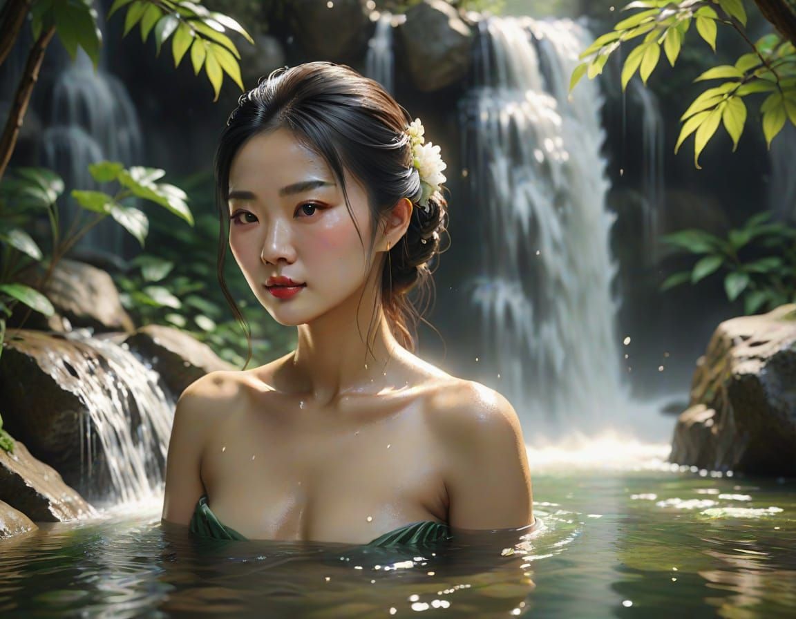 Elegant Chinese Noblewoman in Secret Forest Bath